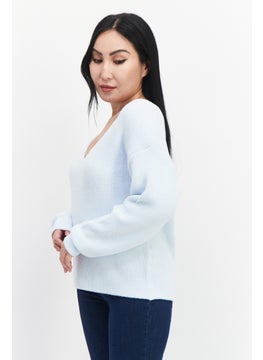 Gentle Fawn Women V Neck Long Sleeves Textured Sweater, Sky Blue  - Image 3