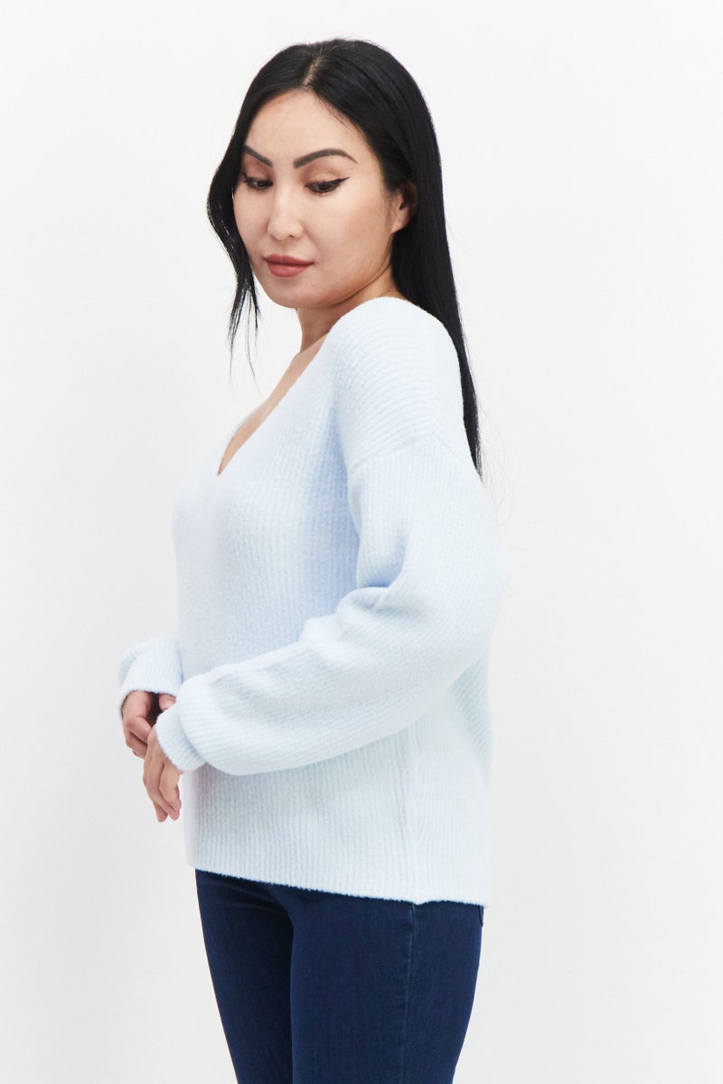 Gentle Fawn Women V Neck Long Sleeves Textured Sweater, Sky Blue  - Image 3