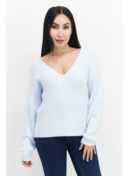 Gentle Fawn Women V Neck Long Sleeves Textured Sweater, Sky Blue  - Image 1