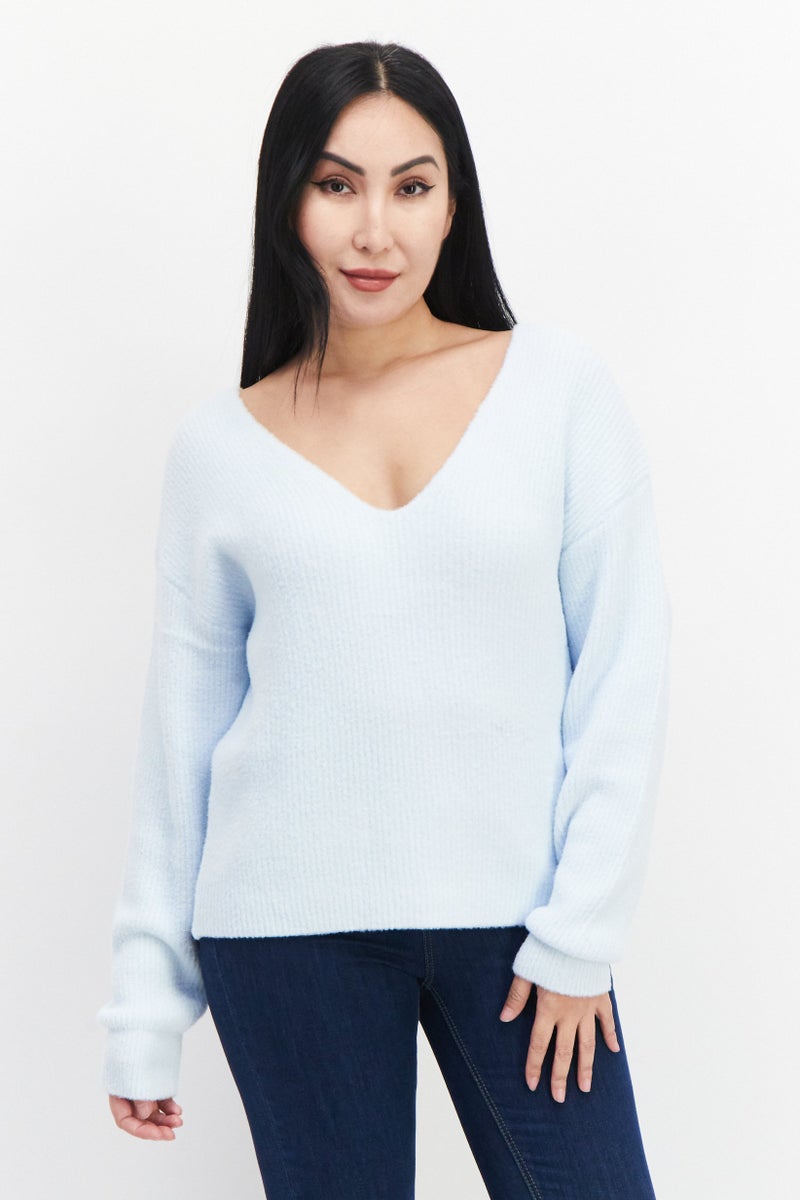 Gentle Fawn Women V Neck Long Sleeves Textured Sweater, Sky Blue  - Image 1