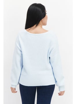 Gentle Fawn Women V Neck Long Sleeves Textured Sweater, Sky Blue  - Image 4