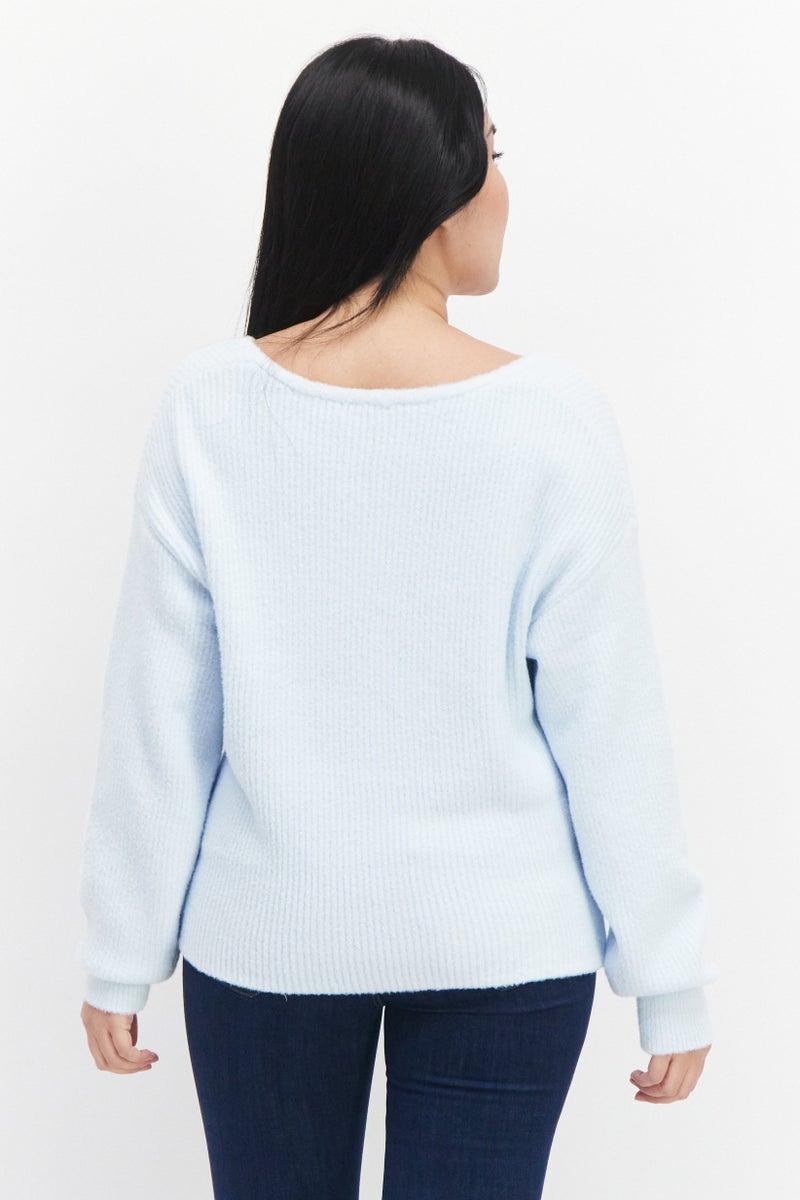 Gentle Fawn Women V Neck Long Sleeves Textured Sweater, Sky Blue  - Image 4