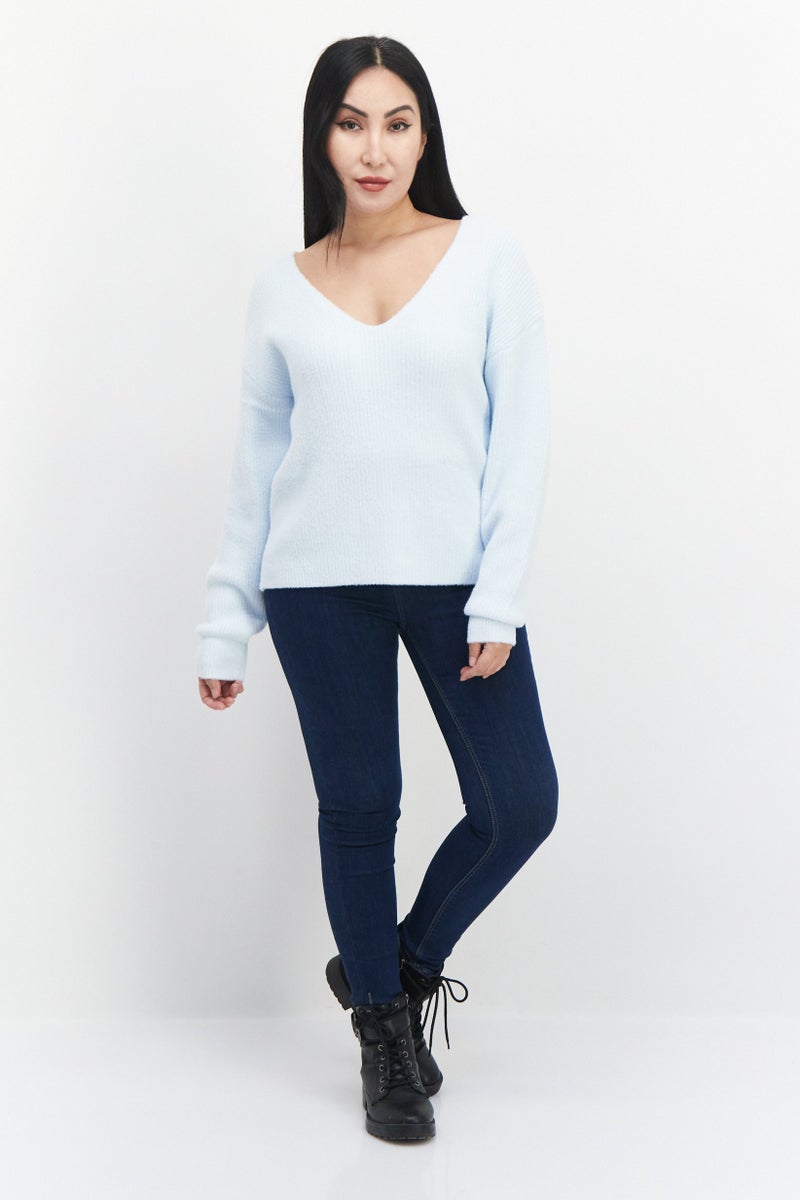 Gentle Fawn Women V Neck Long Sleeves Textured Sweater, Sky Blue  - Image 2