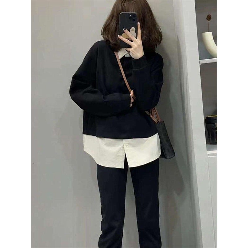 2023 Autumn Two-Piece Sweater Womens Fashion Patchwork Shirt Black - Image 1