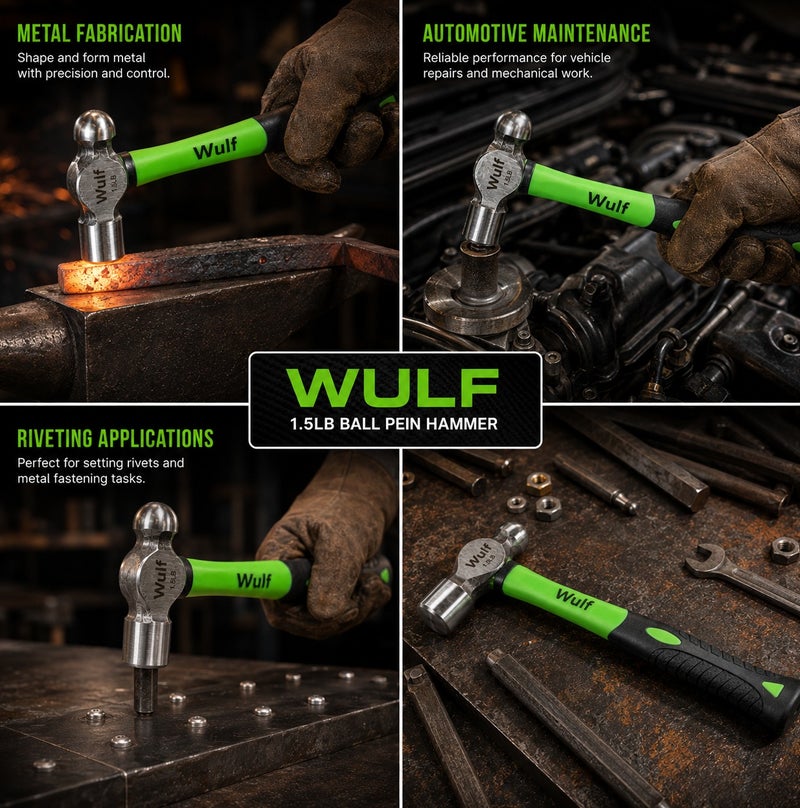 WULF 1.5LB Ball Pein Hammer with Ergonomic Non-Slip Rubber Grip Handle, Forged Steel Head for Metalworking, Riveting, Shaping & Heavy-Duty Mechanical and Industrial Applications - Image 2