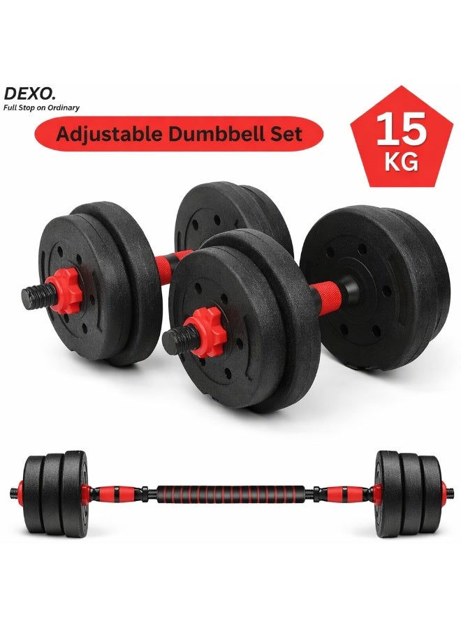DEXO 15kg Adjustable Dumbbell Set with Spinlock Collars, Non-Slip Handles, Barbell Conversion Kit for Home Gym Strength Training - Image 1