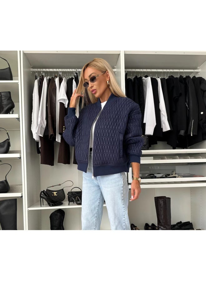 European And American Clothing Autumn And Winter Pure Color Embroidered Short Zipper Jacket Cotton Jacket
