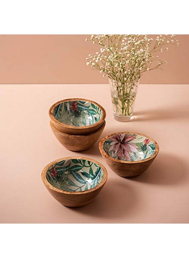nestroots Set of 4 Serving Snacks Bowls Wooden for Dry Fruits Mango Wood with Decaling Print with Clear Enamel Design (6 INCH Diameter, Green) - Image 2