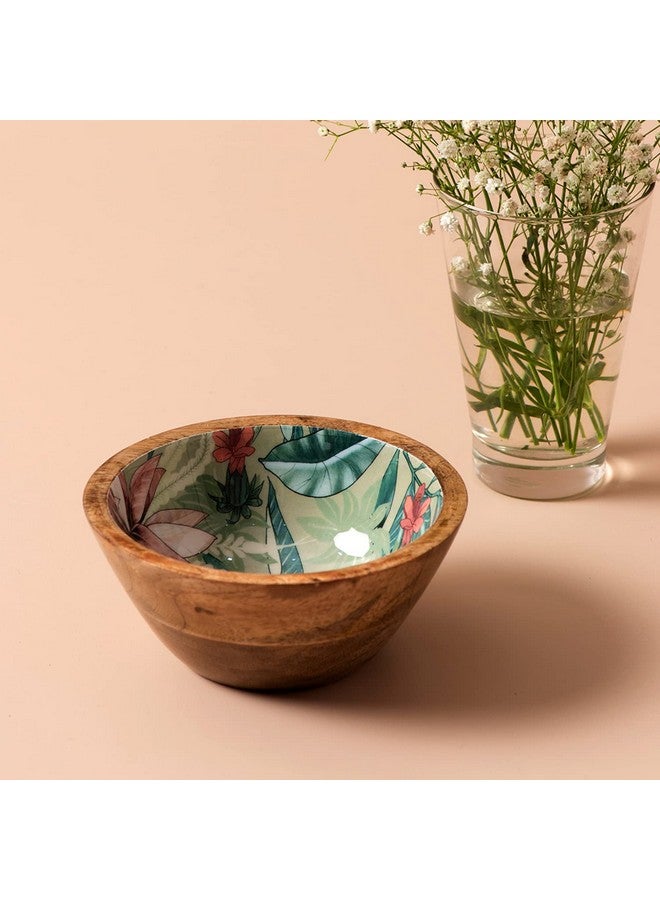 nestroots Set of 4 Serving Snacks Bowls Wooden for Dry Fruits Mango Wood with Decaling Print with Clear Enamel Design (6 INCH Diameter, Green) - Image 3