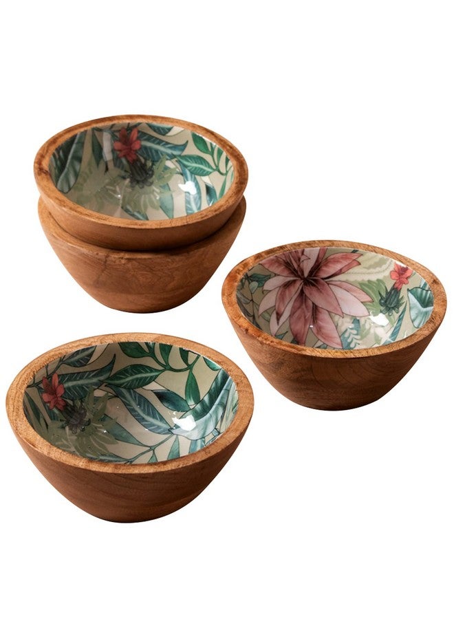 nestroots Set of 4 Serving Snacks Bowls Wooden for Dry Fruits Mango Wood with Decaling Print with Clear Enamel Design (6 INCH Diameter, Green) - Image 1