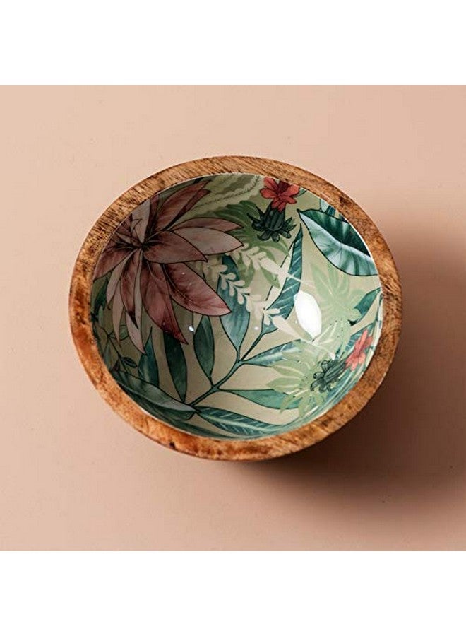 nestroots Set of 4 Serving Snacks Bowls Wooden for Dry Fruits Mango Wood with Decaling Print with Clear Enamel Design (6 INCH Diameter, Green) - Image 5