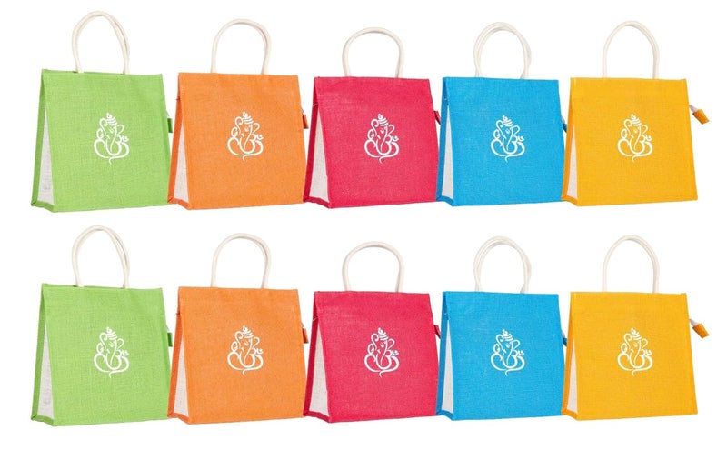 SOMAN Jute Ecofriendly Return Gift Bags Ganesha Printed Colorful bags with Zip Pack of 10 Bags - Image 1