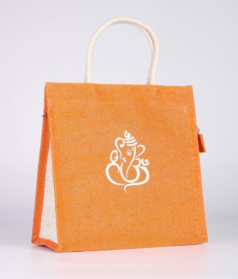 SOMAN Jute Ecofriendly Return Gift Bags Ganesha Printed Colorful bags with Zip Pack of 10 Bags - Image 3