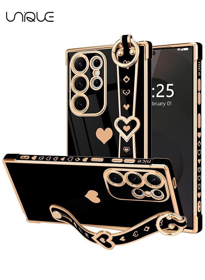 Unique Compatible with Samsung Galaxy S25 Ultra Case - Adjustable Wrist Strap Kickstand - Cute Heart Luxury Gold Plating Bumper - Women Girl Men Protective Case Cover - Black - Image 1