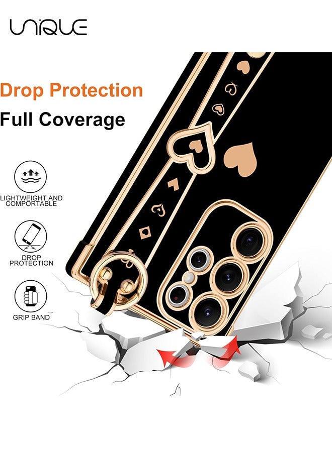 Unique Compatible with Samsung Galaxy S25 Ultra Case - Adjustable Wrist Strap Kickstand - Cute Heart Luxury Gold Plating Bumper - Women Girl Men Protective Case Cover - Black - Image 3