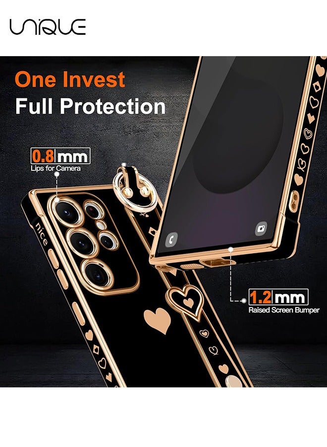 Unique Compatible with Samsung Galaxy S25 Ultra Case - Adjustable Wrist Strap Kickstand - Cute Heart Luxury Gold Plating Bumper - Women Girl Men Protective Case Cover - Black - Image 4