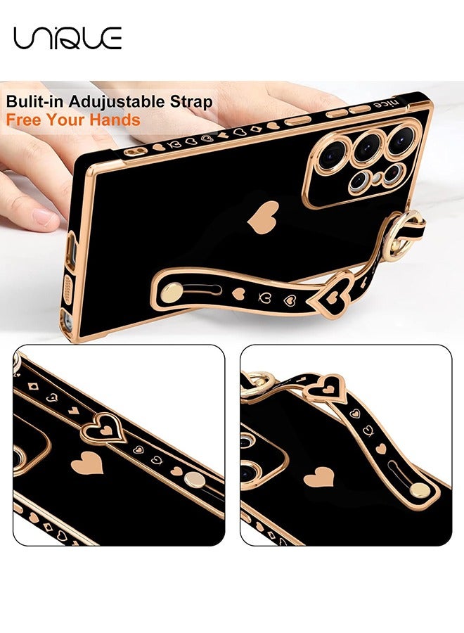 Unique Compatible with Samsung Galaxy S25 Ultra Case - Adjustable Wrist Strap Kickstand - Cute Heart Luxury Gold Plating Bumper - Women Girl Men Protective Case Cover - Black - Image 5