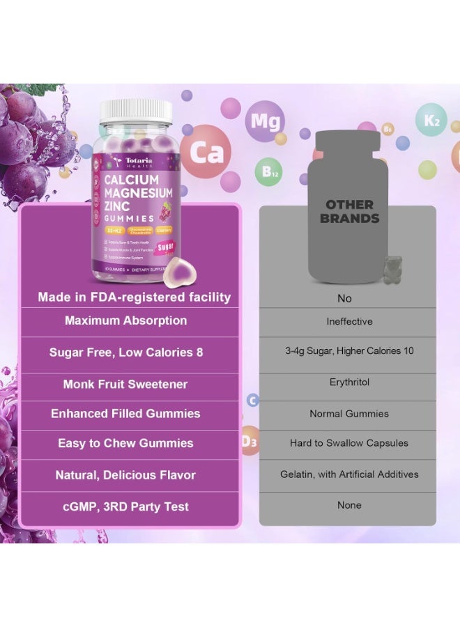 Totaria Sugar Free Calcium Magnesium Zinc Gummies for Women Men, 19-in-1 Ultimate Absorption Calcium 1200 mg with Vitamin D3 K2 w/Boron, B6, Ashwagandha, for Bone, Teeth, Immune, Joint, Calm, Vegan - Image 3