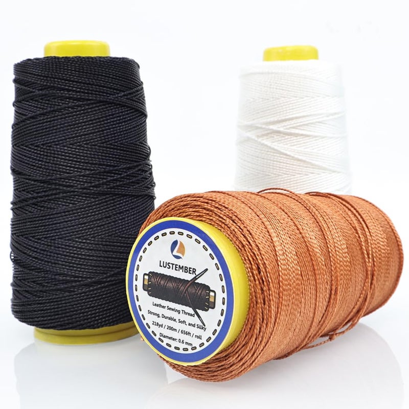 LUSTEMBER 0.6 mm Heavy Duty Sewing Thread, 3 Spools x 218 Yards Extra Strong Nylon Thread, Smooth Industrial String for Leather, Canvas, Upholstery, Outdoor Gear, Shoe Repair (Black, White, Brown) - Image 1