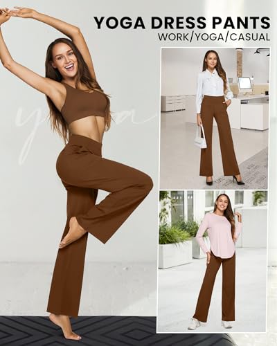 G4Free Women Fashion Wide Leg Trouser Pants Flare Yoga Pants with Pockets Breathable Workout Sports Clothes for Casual Vacation(Dark Coffee,XXL,Regular) - Image 3