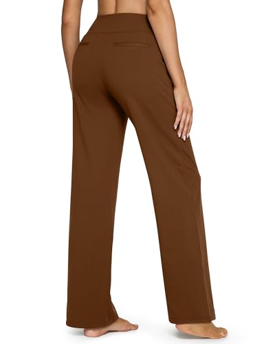 G4Free Women Fashion Wide Leg Trouser Pants Flare Yoga Pants with Pockets Breathable Workout Sports Clothes for Casual Vacation(Dark Coffee,XXL,Regular) - Image 2