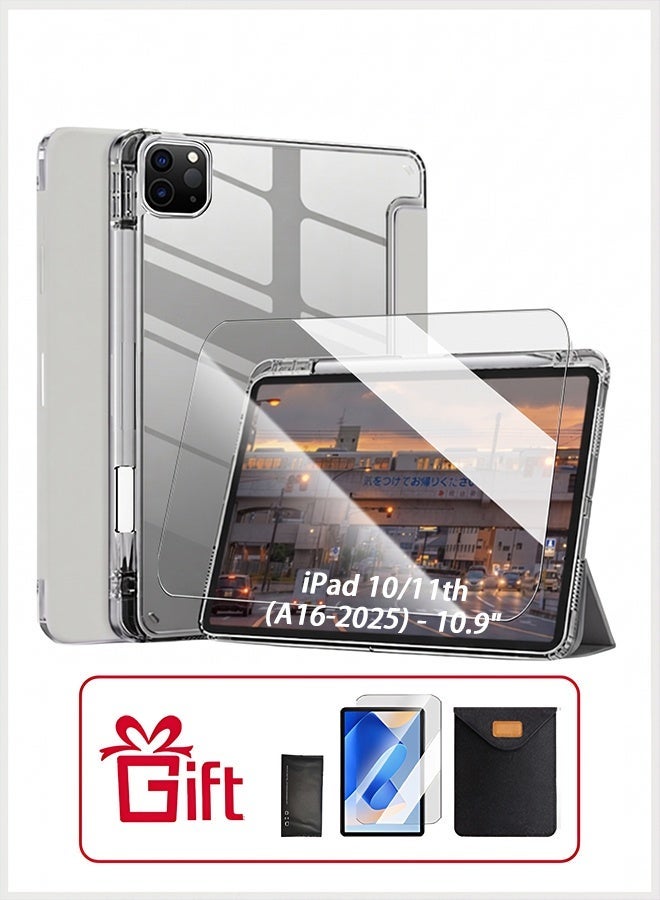 جراب iPad من الجيل الحادي عشر (A16 2025) وجراب iPad من الجيل العاشر مقاس 10.9 بوصة، غطاء ذكي رفيع مع فتحة للقلم، جراب iPad A16 من مادة TPU شفافة ثلاثية الطي مع حامل ذكي، لون رمادي - Image 1