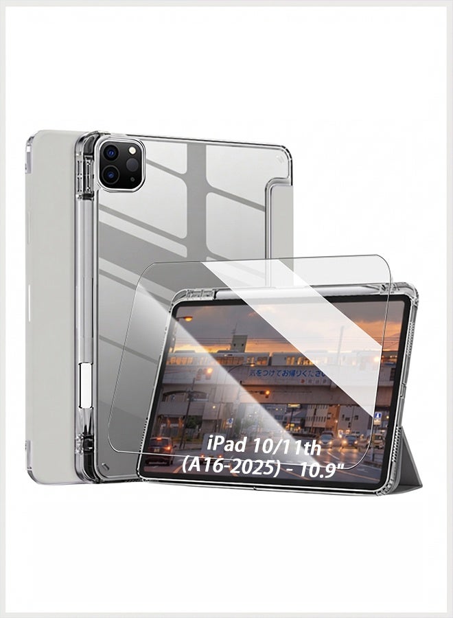 جراب iPad من الجيل الحادي عشر (A16 2025) وجراب iPad من الجيل العاشر مقاس 10.9 بوصة، غطاء ذكي رفيع مع فتحة للقلم، جراب iPad A16 من مادة TPU شفافة ثلاثية الطي مع حامل ذكي، لون رمادي - Image 1