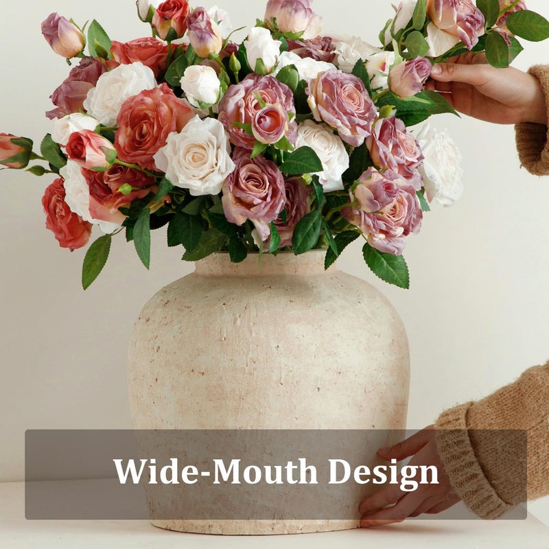 Tuioyoc Large Ceramic Vase, 11" Rustic Farmhouse Terracotta Vase for Home Decor, Artisan Decorative Flower Vase for Living Room, Table Centerpiece, Bedroom (Rustic Beige) - Image 2