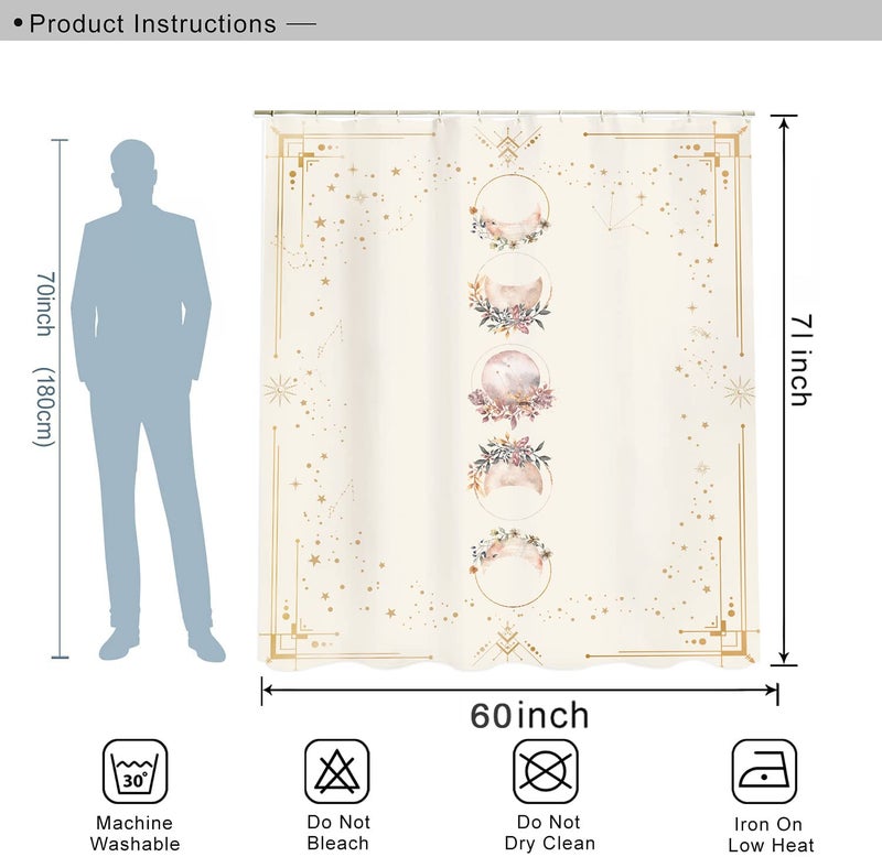 Miyotaa Moon Phase Cat Shower Curtain Set 60Wx71H Inches Boho Witchy Celestial Beige Astrology Mysterious Beige Waterproof Bathroom Curtain with 12 Hooks - Image 3