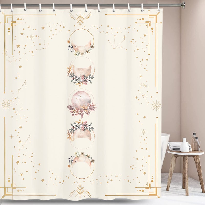 Miyotaa Moon Phase Cat Shower Curtain Set 60Wx71H Inches Boho Witchy Celestial Beige Astrology Mysterious Beige Waterproof Bathroom Curtain with 12 Hooks - Image 4
