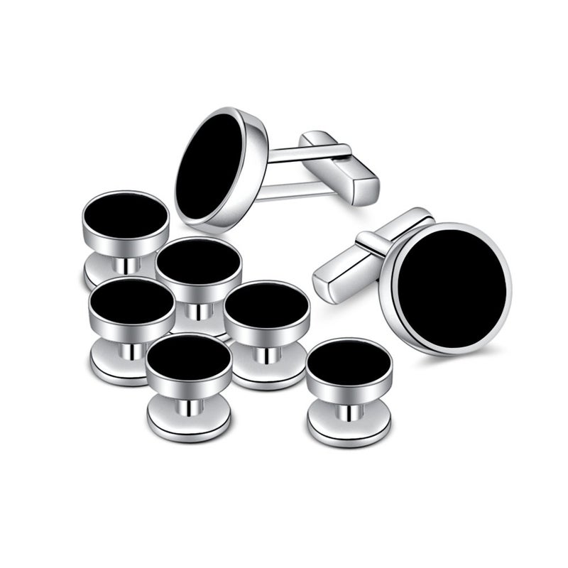 MERIT OCEAN Mens Onyx Cufflinks and Studs Set Silver Black Cufflinks for Men Tuxedo Shirts Business Wedding Gift - Image 1