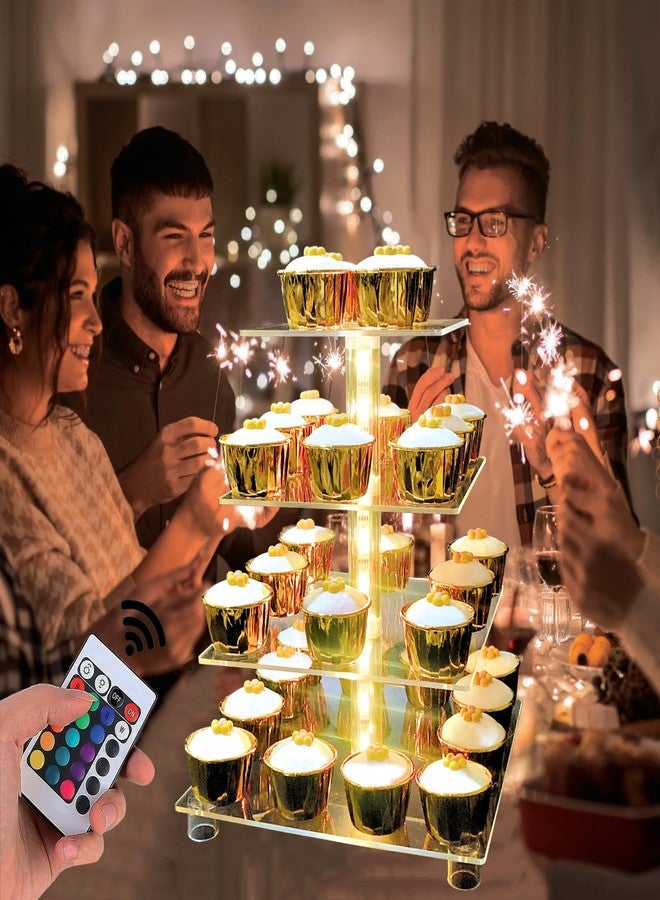 حامل كب كيك أكريليك، برج عرض من 4 طبقات، حامل كيك مع جهاز تحكم عن بعد وإضاءة LED، أوضاع تغيير ألوان متعددة، صينية تقديم شفافة لجميع الحفلات والمناسبات (حجم قياسي). - Image 3