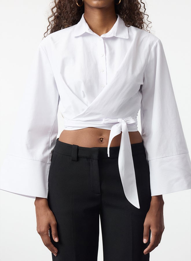 trendyol White Tie Detail Regular Regular Pattern Woven Shirt TWOAW25GO00067 - Image 3