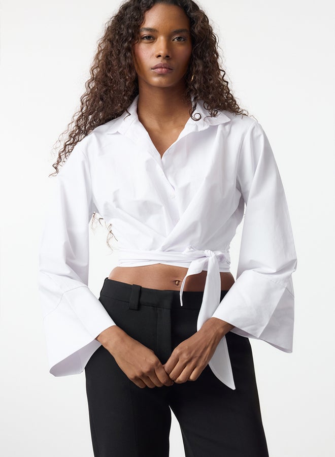 trendyol White Tie Detail Regular Regular Pattern Woven Shirt TWOAW25GO00067 - Image 1