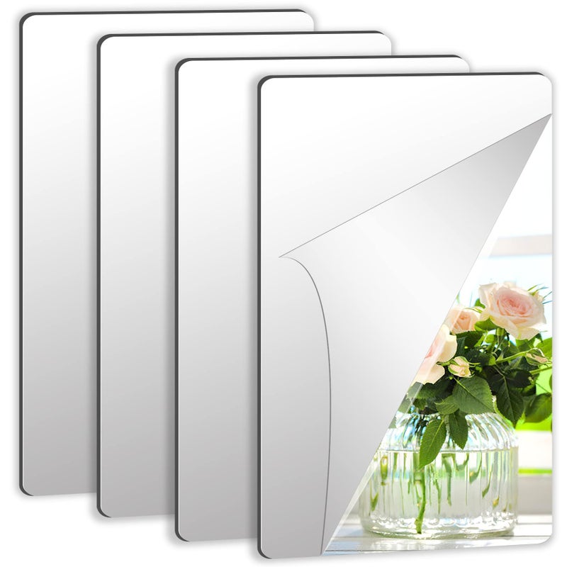 JUNEBRUSHS JUNEBRUSHS 4 Pack Self Adhesive Acrylic Mirror 6X 9 Inch Mirror TilesFlexible Plastic Mirrors Sheets Wall Stickers2MM Thick MirrorsFrameless Small Mirror 