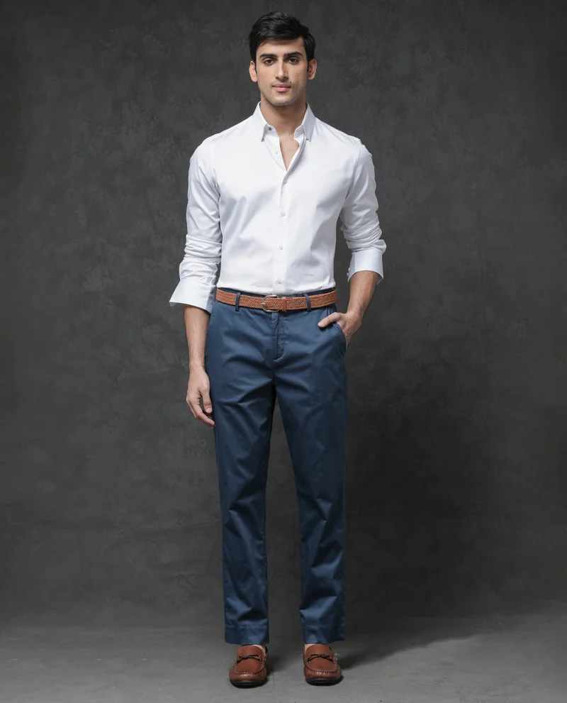 Rare Rabbit Rare Rabbit Mens Comotel Teal Cotton Linen Satin Stretch Regular Fit Mid Rise Solid Trousers