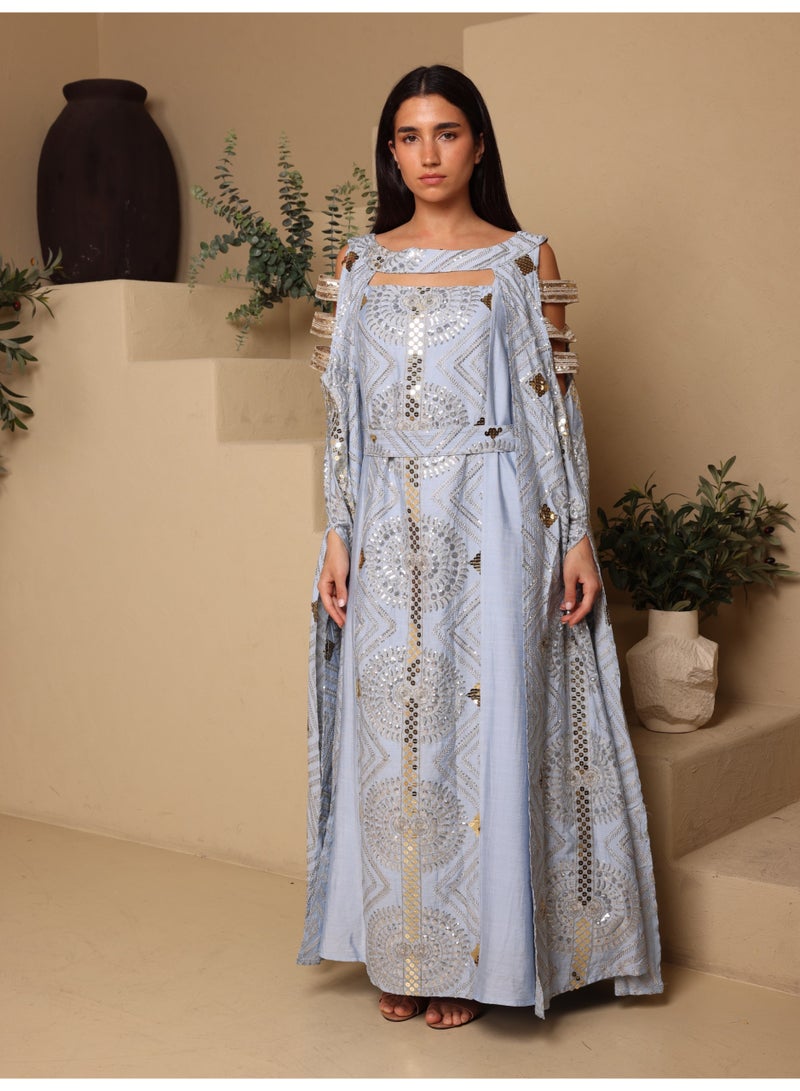 IKKXA Sage Scalloped Embroidered Jalabiya IK1111 Blue - Image 1