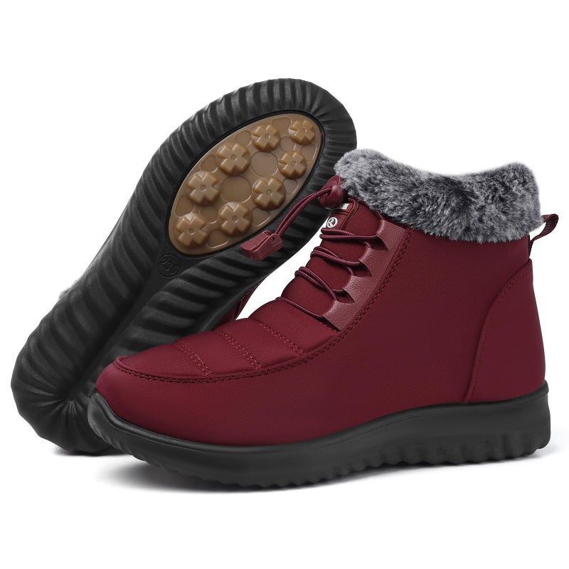 SHIBEVER Snow Boots for Women Winter: Fur Lined Warm Ankle Boots - Cold Weather Water Resistant Outdoor Zipper Snow Shoes Red Size 8 - Image 2