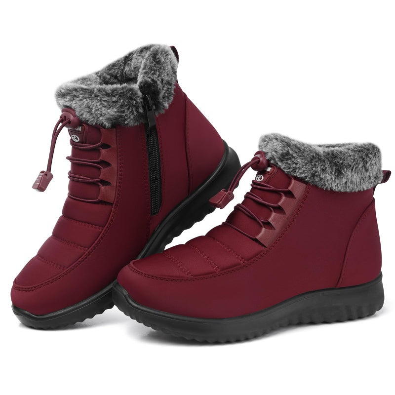 SHIBEVER Snow Boots for Women Winter: Fur Lined Warm Ankle Boots - Cold Weather Water Resistant Outdoor Zipper Snow Shoes Red Size 8 - Image 1