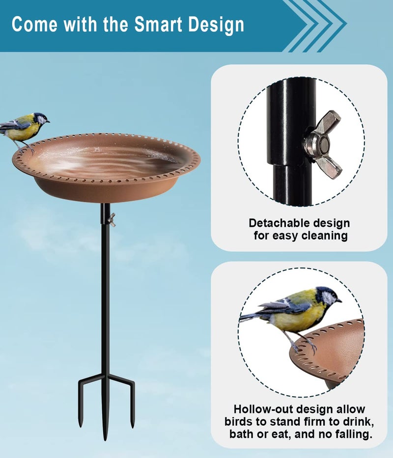 Koutemie 1-¼ Gallon Detachable Free Standing Garden Bird Bath Bird Feeder Bowl with Metal Stake for Outdoor, Deep Brown, 29 Inch - Image 4