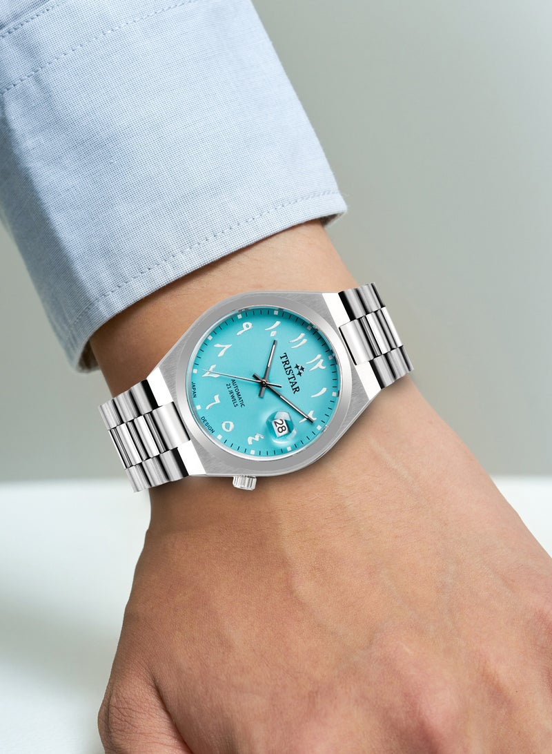 Tristar NJ Series Men's Automatic Watch Blue Turqoise Arabic Dial Stainless Steel Bracelet Wrist Watch - Image 3