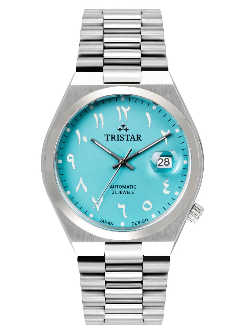 Tristar NJ Series Men's Automatic Watch Blue Turqoise Arabic Dial Stainless Steel Bracelet Wrist Watch - Image 1