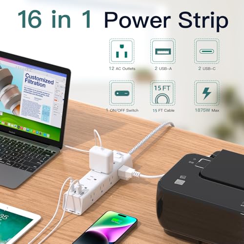 Addtam Surge Protector Power Strip - 15 FT Extension Cord, Power Strip with 12 Widely AC Outlet 4 USB, Flat Plug Wall Mount Overload Protection, 1050J, Desk Charging Station for Home Office, ETL Listed,White - Image 2
