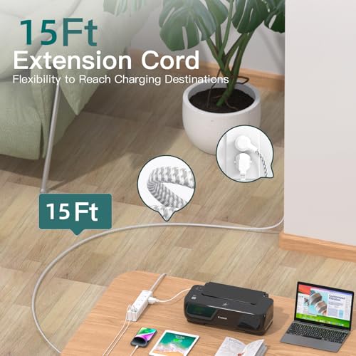 Addtam Surge Protector Power Strip - 15 FT Extension Cord, Power Strip with 12 Widely AC Outlet 4 USB, Flat Plug Wall Mount Overload Protection, 1050J, Desk Charging Station for Home Office, ETL Listed,White - Image 3