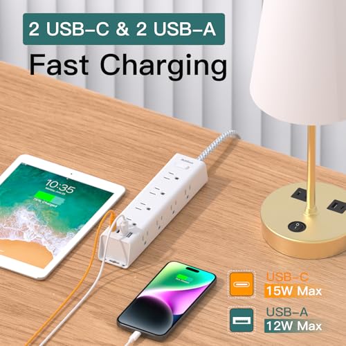 Addtam Surge Protector Power Strip - 15 FT Extension Cord, Power Strip with 12 Widely AC Outlet 4 USB, Flat Plug Wall Mount Overload Protection, 1050J, Desk Charging Station for Home Office, ETL Listed,White - Image 4
