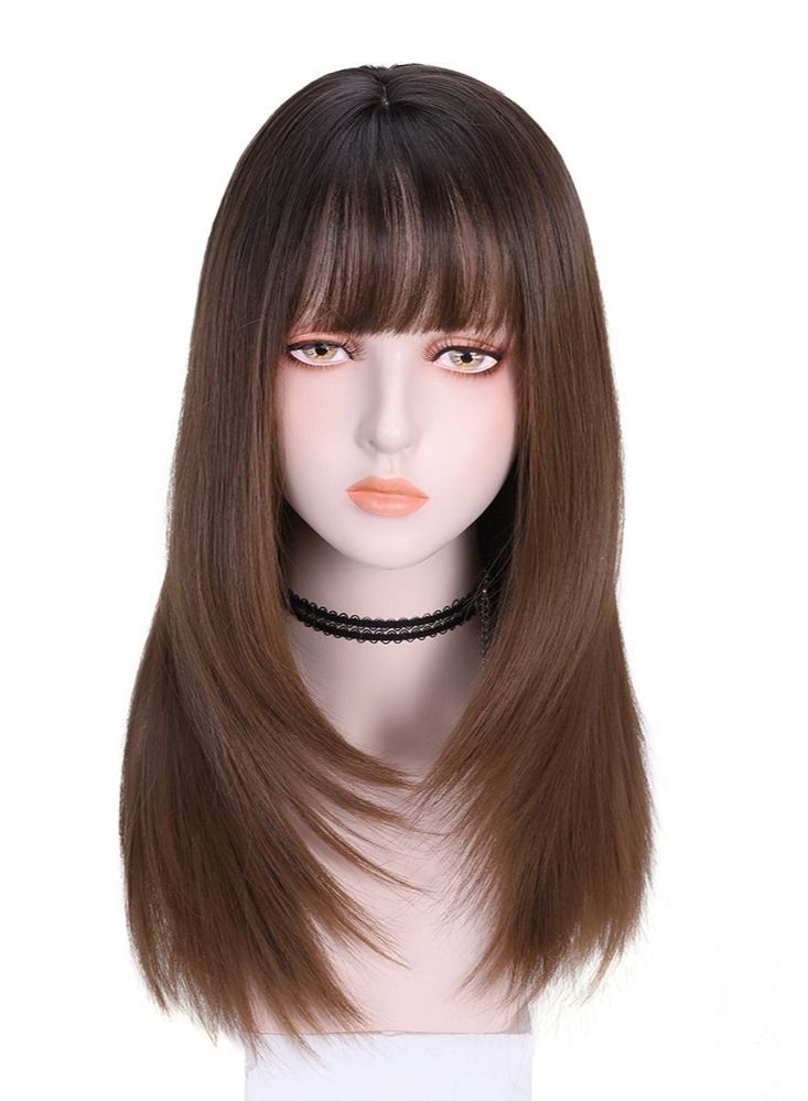 Estelle Female Long Hair Realistic Natural Full Headgear Long Straight Hair Air Bangs Wig Fluffy Net Red Hair Set - Image 2