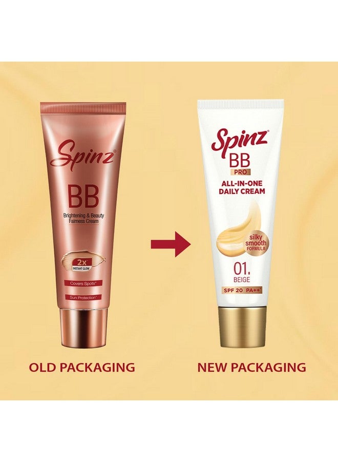 Spinz Bb Pro Brightening & Beauty Face Cream With Spf 20 Pa++ (Beige 01) Allinone Daily Cream With Silky Smooth Formula Instant Brightness Covers Dark Spots (29G) - Image 2