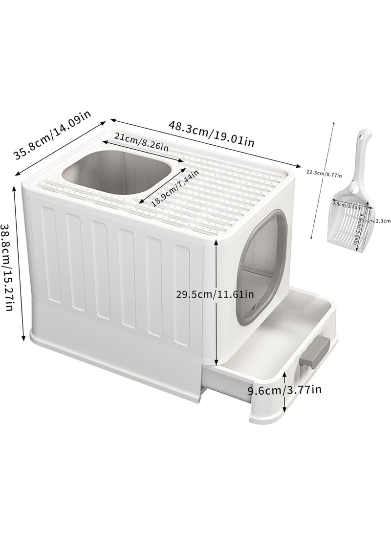 WISFOR - Large Cat Litter Box Foldable Cat Litter Box with Lid Enclosed Litter Pan Top Exit Drawer Type Kitty Potty with Handle Large High Sided Litter Tray Anti-Splashing Kitten Toilet with Scoop - Image 1
