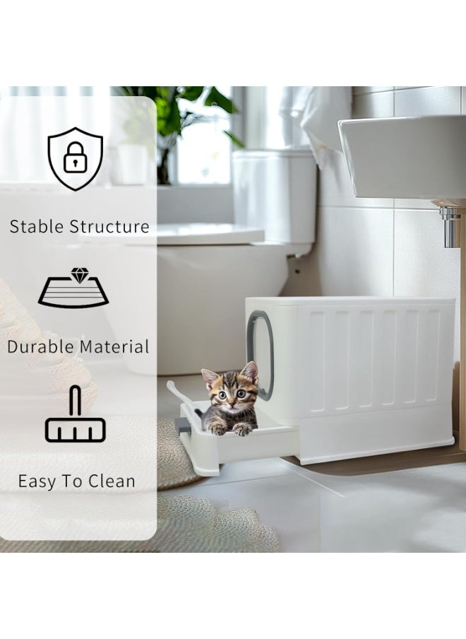 WISFOR - Large Cat Litter Box Foldable Cat Litter Box with Lid Enclosed Litter Pan Top Exit Drawer Type Kitty Potty with Handle Large High Sided Litter Tray Anti-Splashing Kitten Toilet with Scoop - Image 1