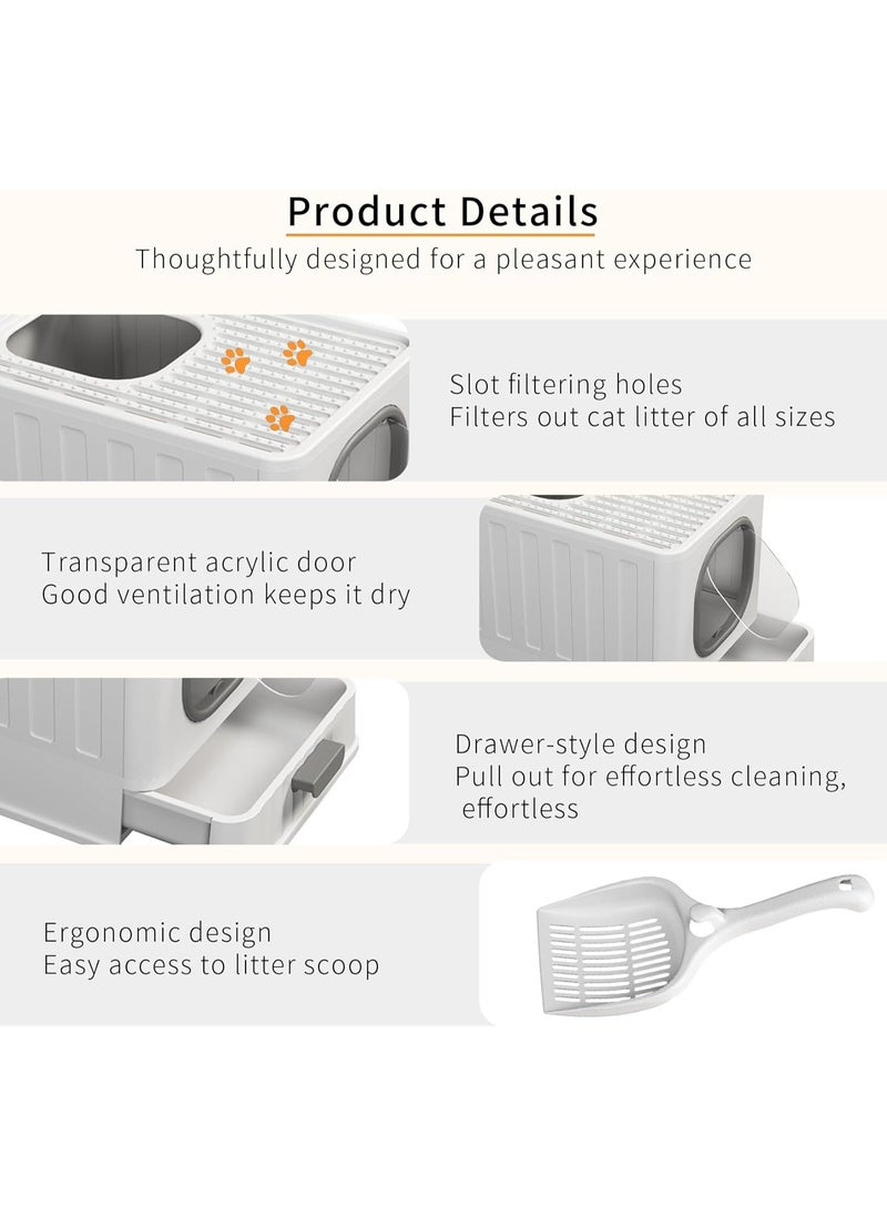 WISFOR - Large Cat Litter Box Foldable Cat Litter Box with Lid Enclosed Litter Pan Top Exit Drawer Type Kitty Potty with Handle Large High Sided Litter Tray Anti-Splashing Kitten Toilet with Scoop - Image 1